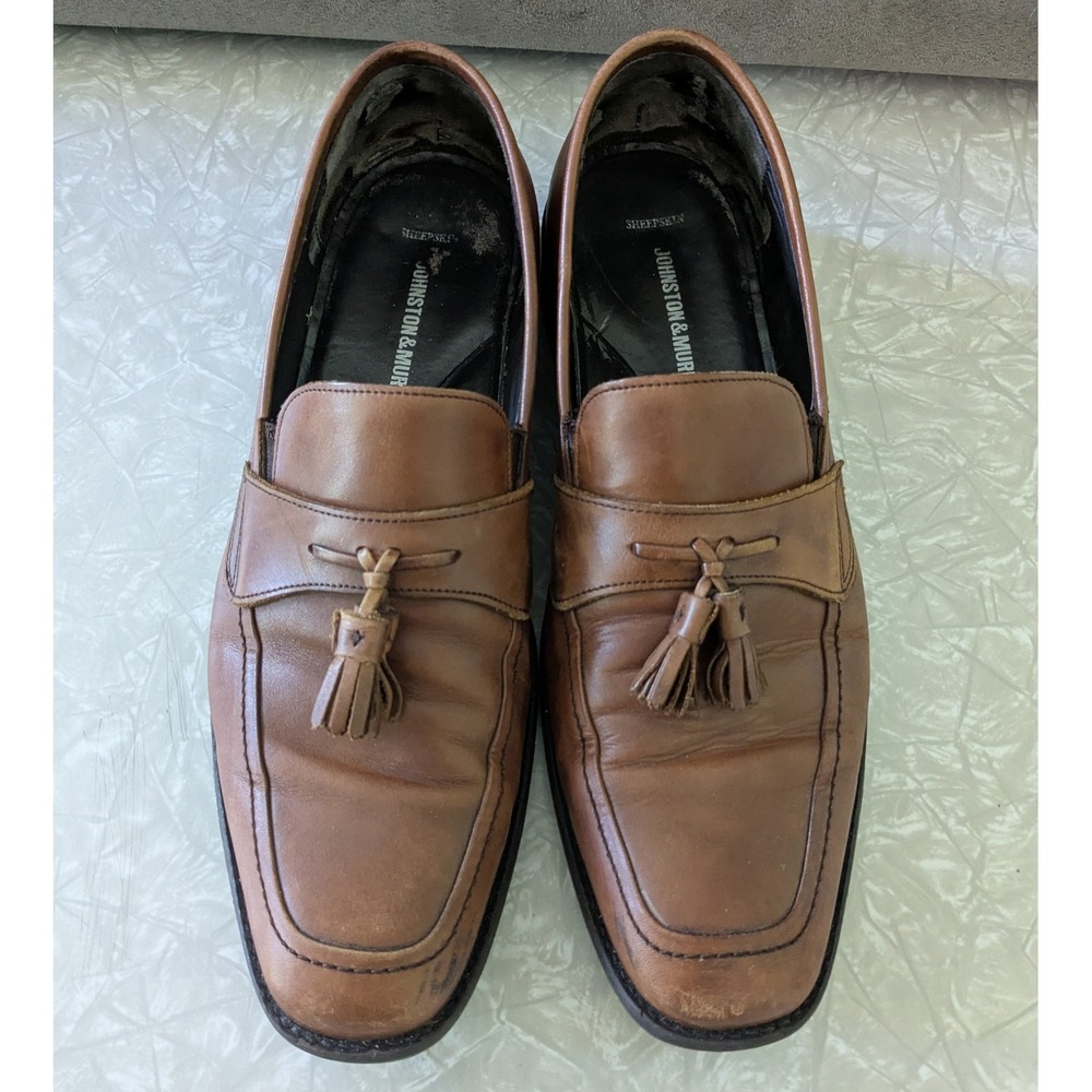 Johnston & Murphy 11 M Brown Leather Tassel Loafers Sheepskin Lining